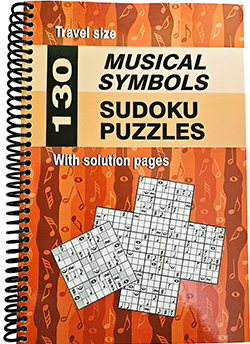 Music Symbols Sudoku Puzzles using musical notation instead of numbers with answers at the back of the book.