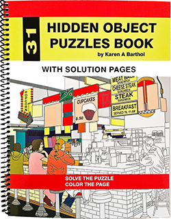 31 hidden objects Puzzle Book Can you find all the objects hidden in the picture? A coil bound paperback book