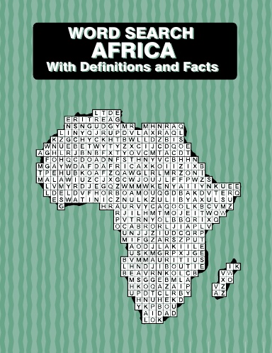 Word Search Africa Paperback Perfect Binding with puzzles shaped like the African countries and a word definition and fact page for each country.